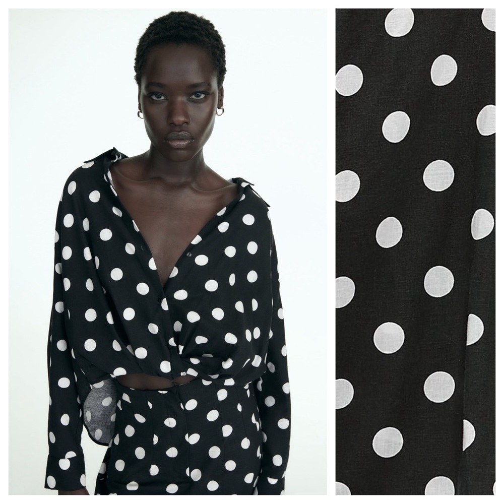 NWT. Zara Black/White Linen Blend Polka Dots Shirt. Size S.